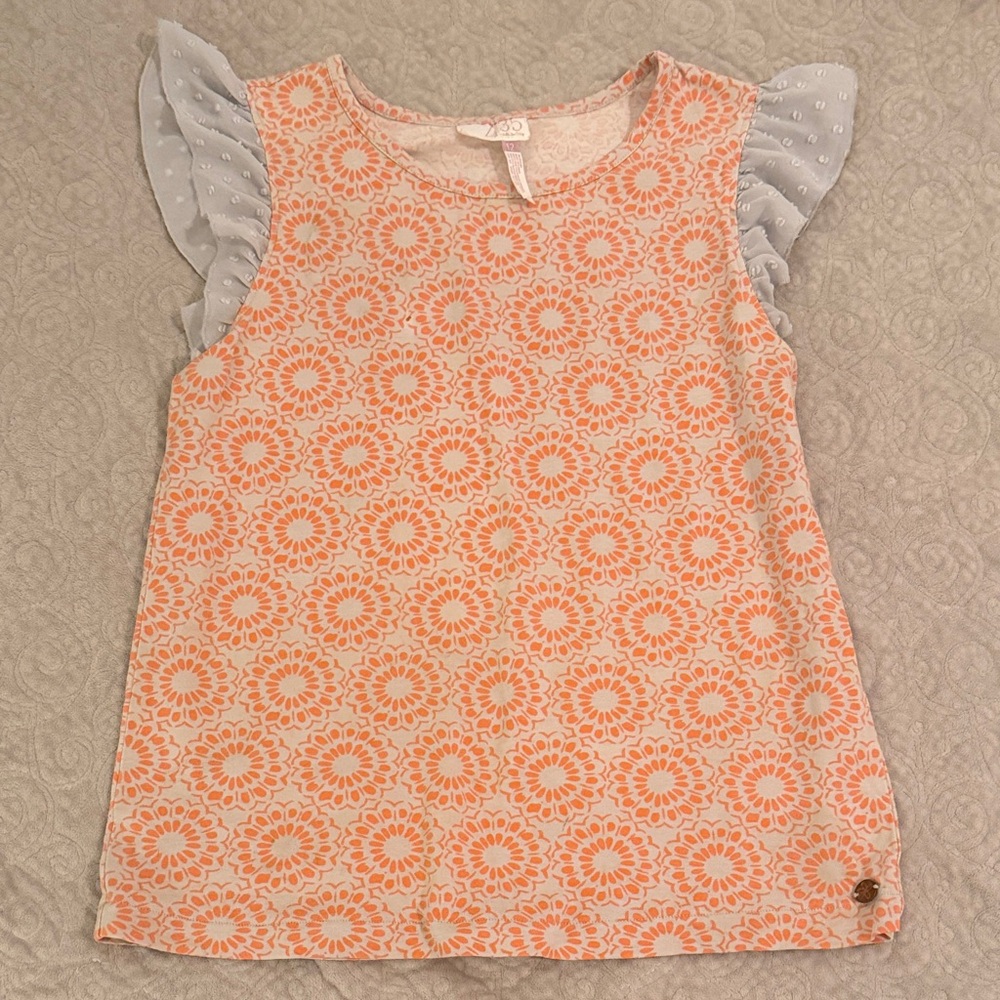 Matilda Jane Orange Floral Kids Blouse with Gray Ruffled Sleeves
